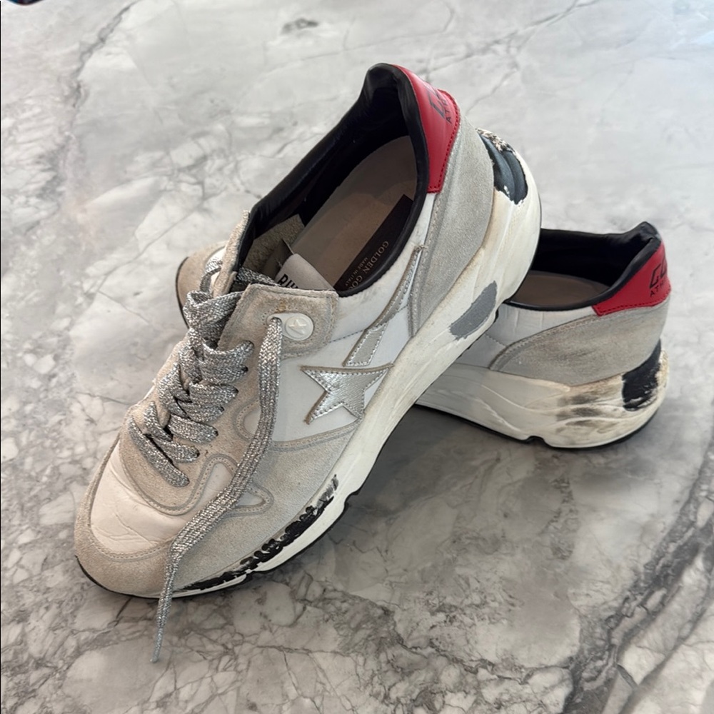Golden Goose Women's White and Black Sneakers with Red Accents